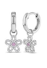 ravishing silver pink clear cubic zirconia flower dangle hoop earrings